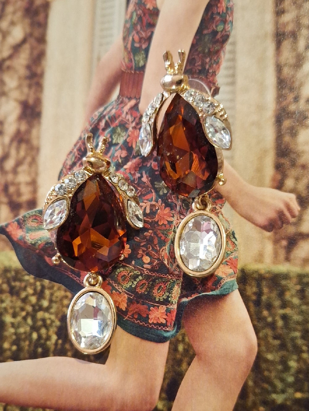 Gold Bee Drop Earrings with Amber and Clear Crystals